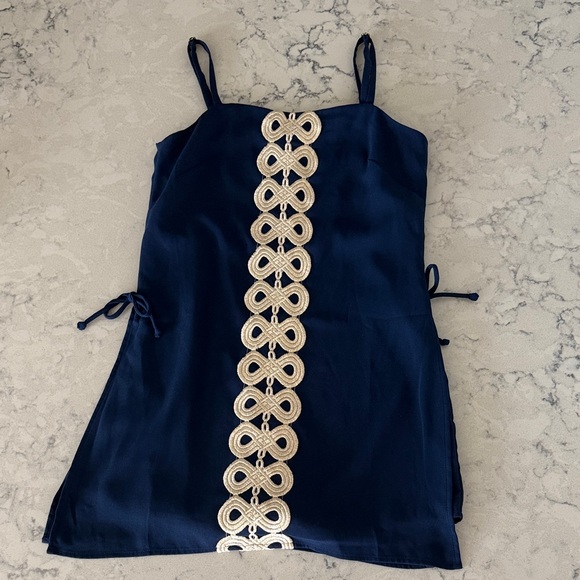 Lilly Pulitzer Dresses & Skirts - Lily Pulitzer Women’s Navy Blue Spaghetti Strap Dress with Ivory Trim size 4